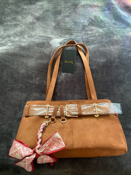 BE COOL Handbags - BE COOL Tan Suede Shoulder Bag with Bow Charm